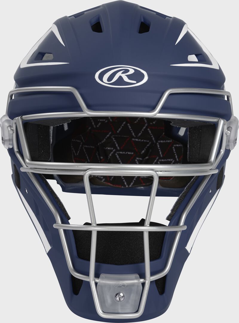 Front of a navy Velo 2.0 catcher's helmet