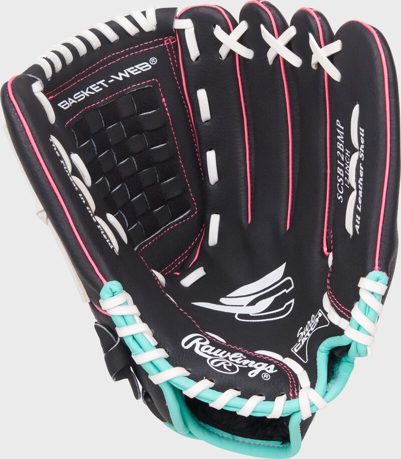 Palm of a black/mint/pink Sure Catch Softball 12-inch Youth Softball Glove