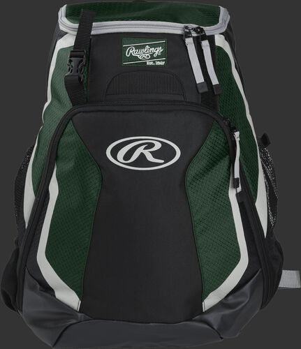 Front of a black/dark green R500 Rawlings Players team backpack with a Rawlings patch and white Oval R