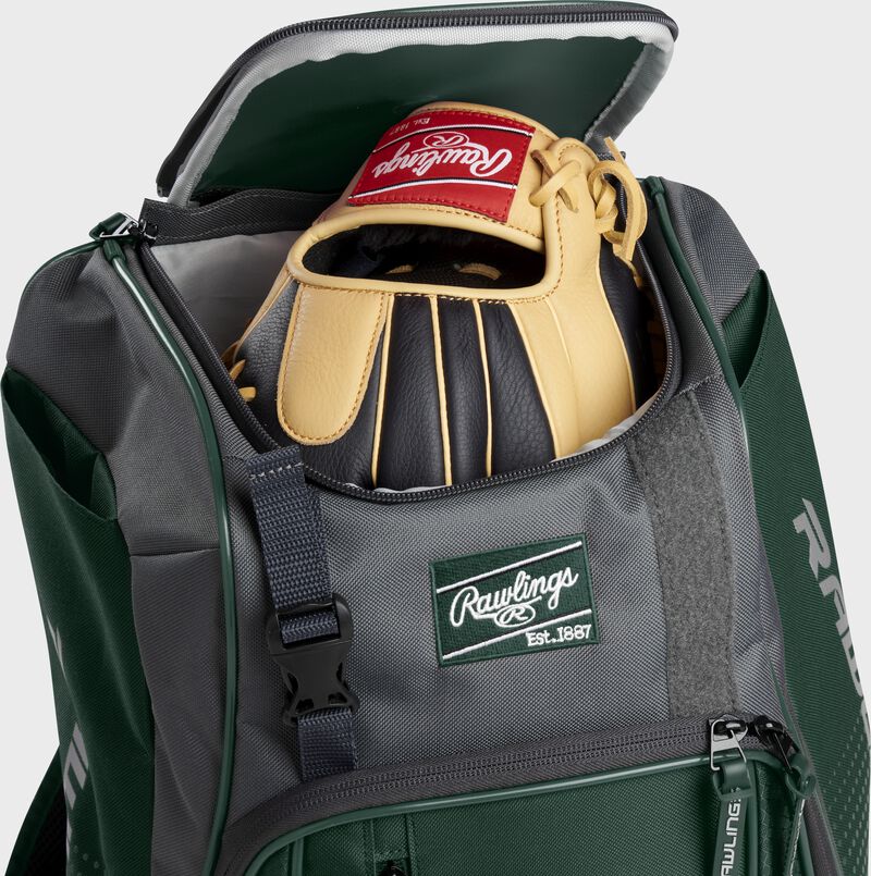 A Rawlings baseball glove in the top compartment of a Franchise baseball backpack - SKU: FRANBP-DG