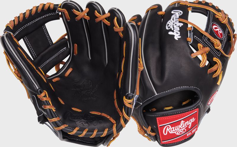 Two images showing the palm & back of a black Heart of the Hide 11.5' infield glove