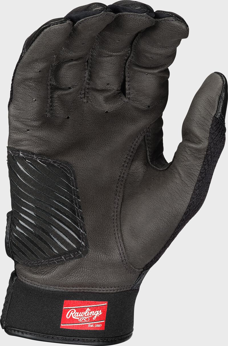 Black leather palm of a black Rawlings Workhorse OKC fastpitch batting glove - SU: WHOKCFPBG-BK