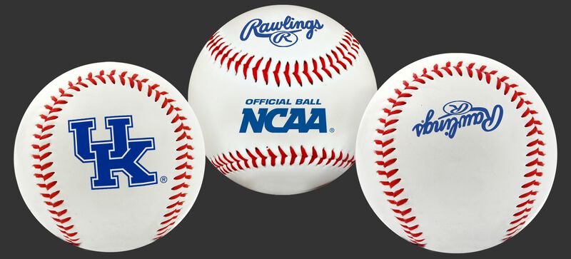 3 views of a NCAA Kentucky Wildcats baseball with a team logo, NCAA logo and Rawlings logo