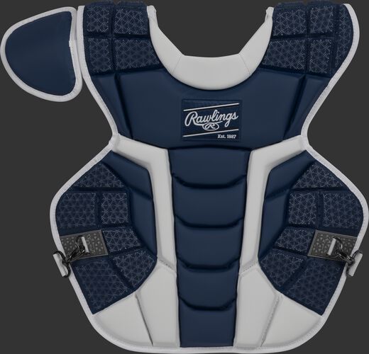 Front of a navy CPMCN Rawlings Mach chest protector with Arc Reactor Core