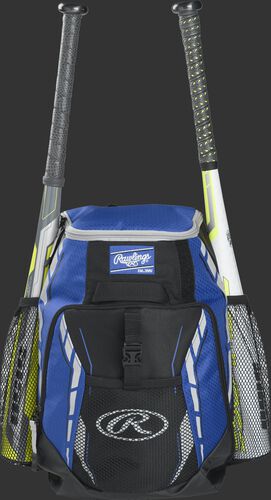 A royal R400 youth players team backpack with a bat in each of the side compartments