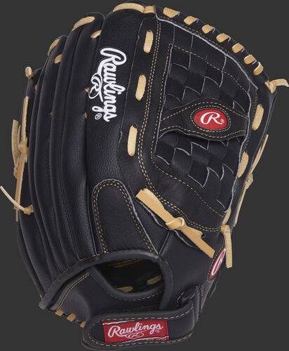 RSS140C 14-inch Rawlings Softball Series outfield glove with a black back and black Velcro wrist strap