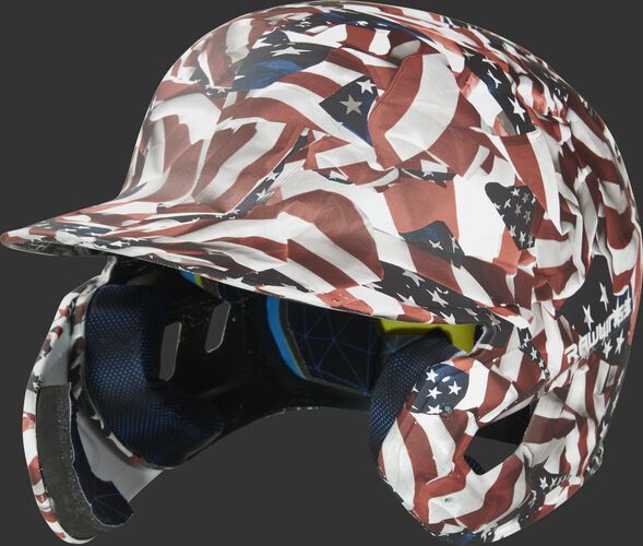 Front left of a MACHEXTL-USA USA hydro dipped Mach EXT helmet for left hand batters