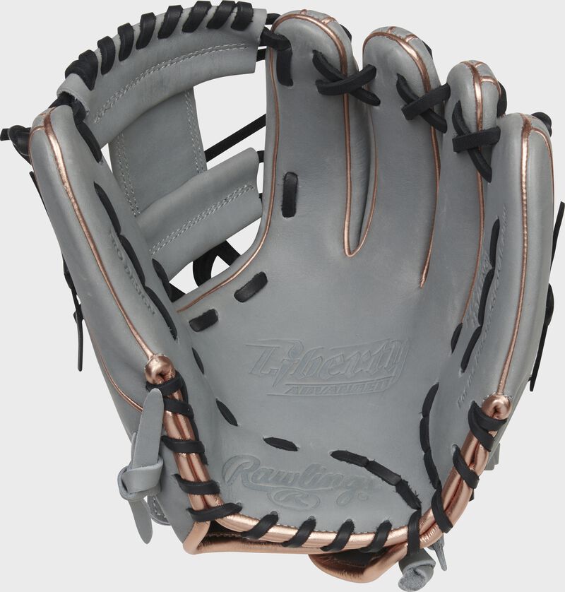 Palm of a gray Rawlings Liberty Advanced softball glove with black laces - SKU: RLA715-2G