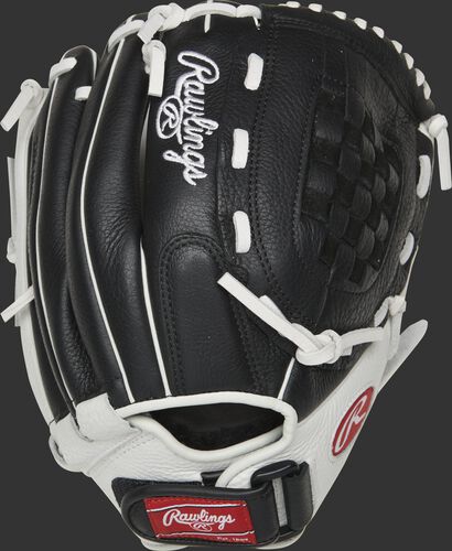 Back of a black RSO120BW 12-inch Shut Out softball glove with a Velcro wrist strap