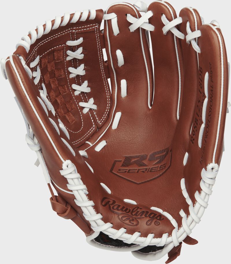 R9SB125-18DB Rawlings 12.5-inch softball glove with a brown palm and white laces