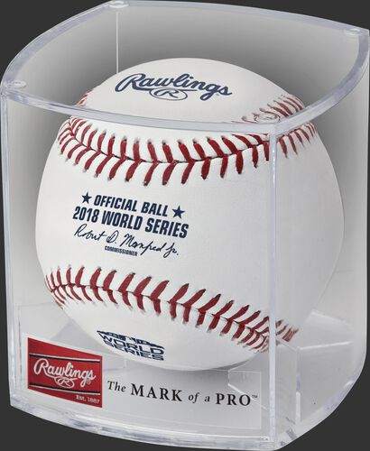 A WSBB18 official 2018 World Series ball in a clear display cube