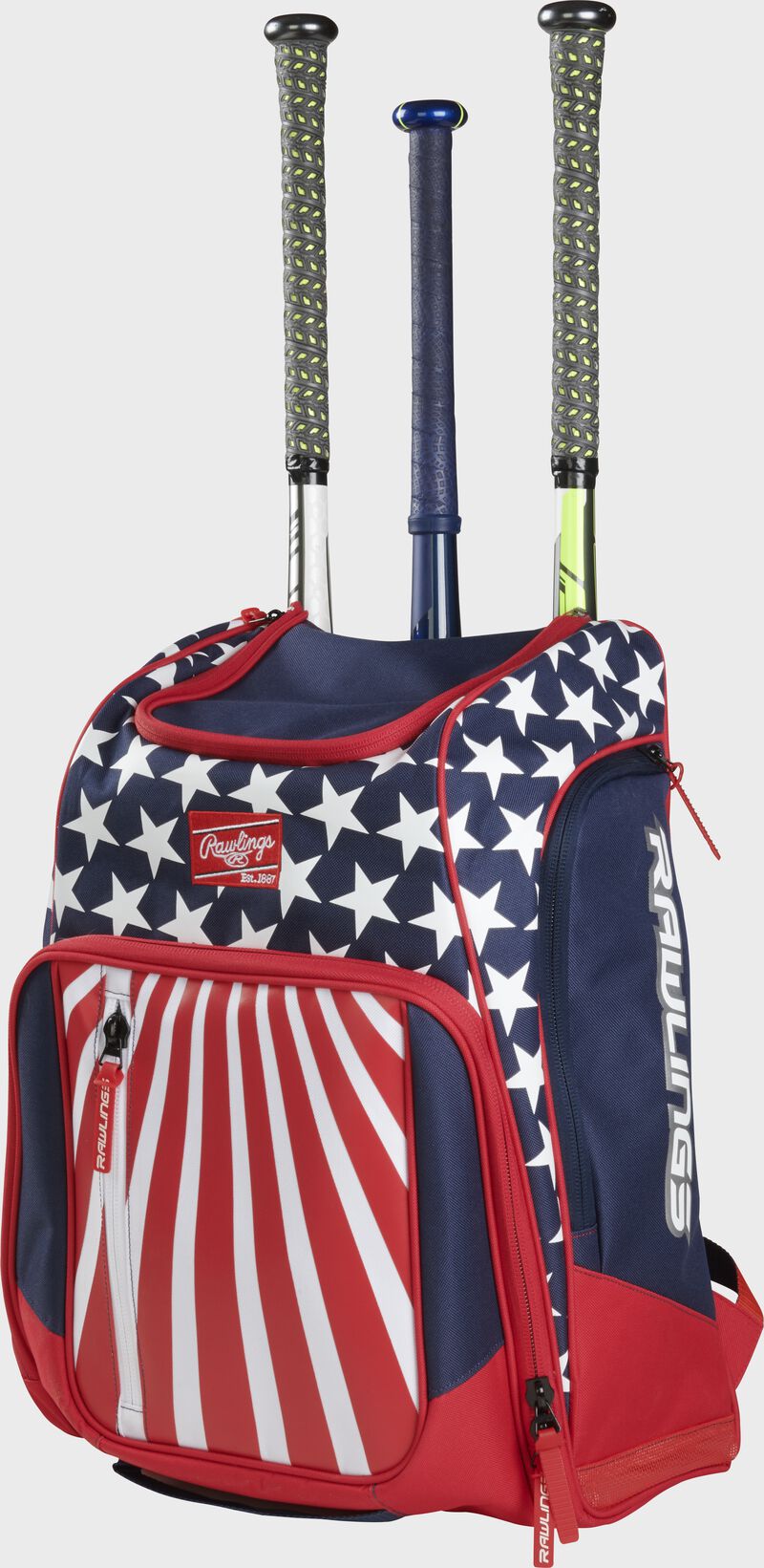 Angled view of red, white, and blue Rawlings Legion Backpack with baseball bats- SKU: LEGION