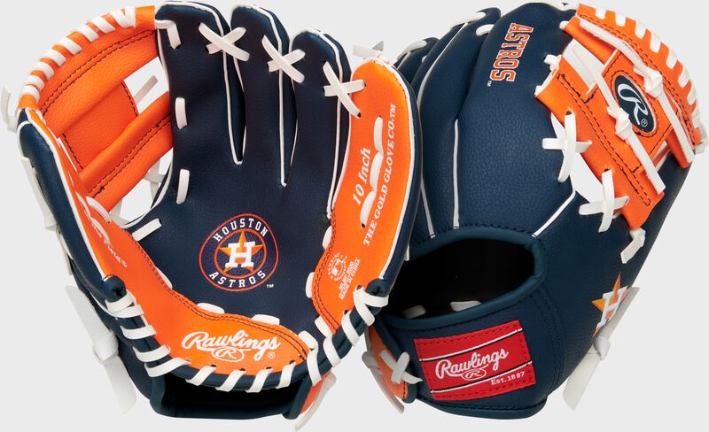 Two images showing the palm & back of a Houston Astros team logo youth glove