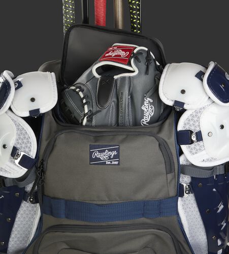 R1801 Rawlings wheeled equipment backpack with a glove in the top glove compartment