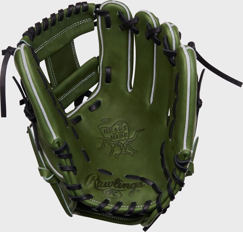 Palm of a Rawlings military green Heart of the Hide glove with black laces - SKU: PRO204W-2MG