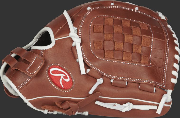 Thumb view of a brown R9SB120-3DB R9 Series 12-inch fastpitch pitcher/infield glove with a brown Basket web