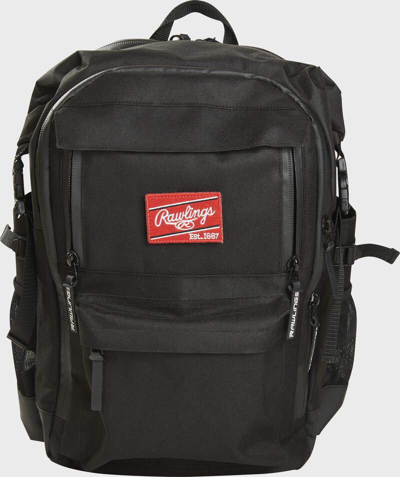 Front of a black CEO coach's backpack with a red Rawlings patch - SKU: CEOBP-B