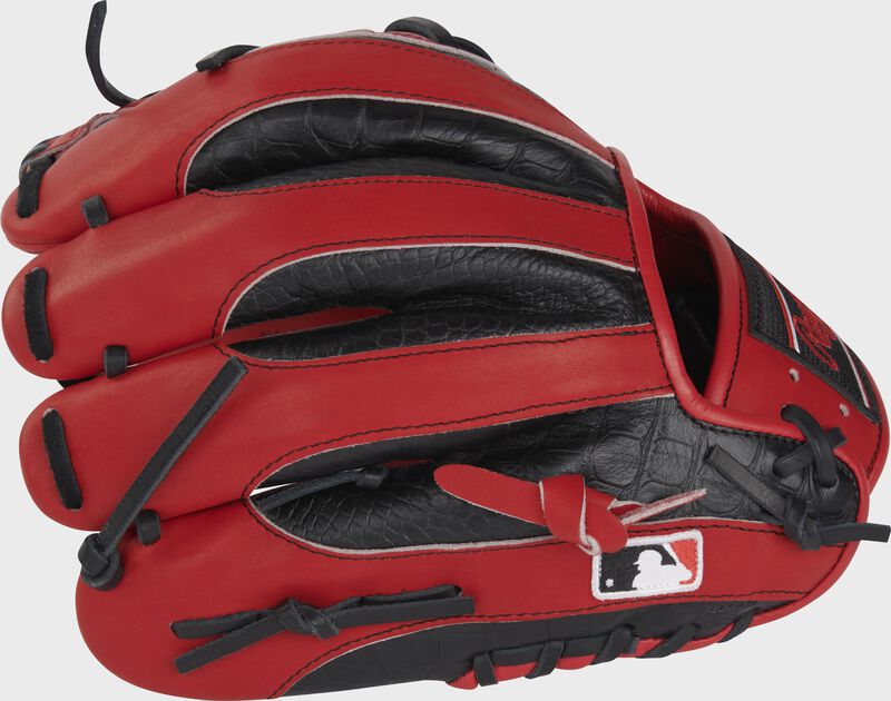 Scarlet/black croc back of a ColorSync 8.0 Heart of the Hide 11.5" croc glove with the MLB logo on the pinky - SKU: PRO204-2SBC