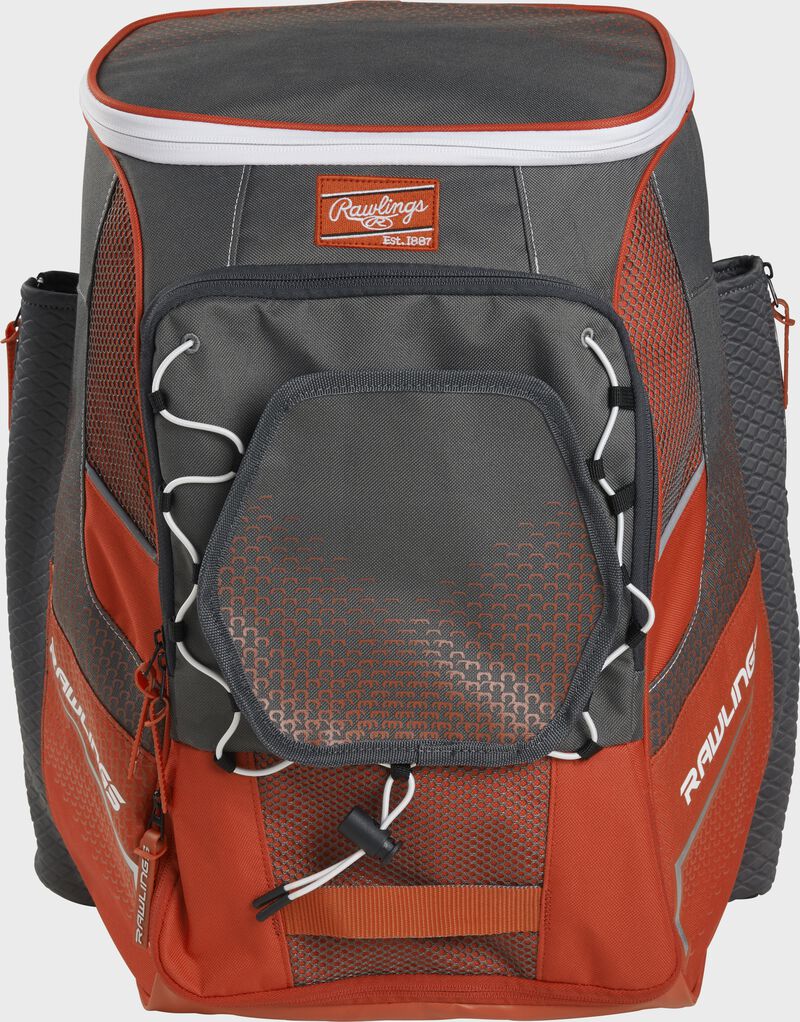 Front of an orange Impulse baseball backpack with a gray front pocket - SKU: IMPLSE-BO
