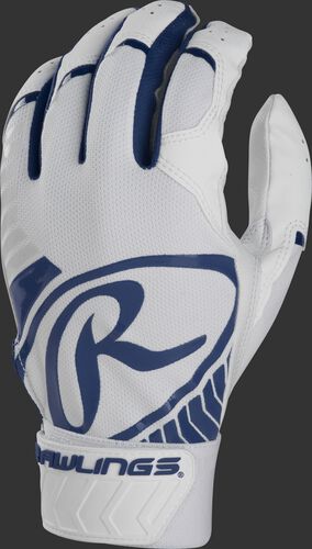 Back of a white/navy adult 5150 batting glove with a large navy oval-R across the back of the palm - SKU: BR51BG-N
