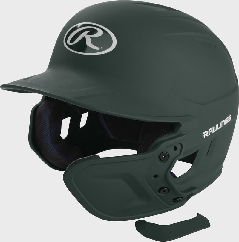 View of Matte Dark Green Mach EXT Batting Helmet Extension For Right-Handed Batter on helmet - SKU: MEXTR