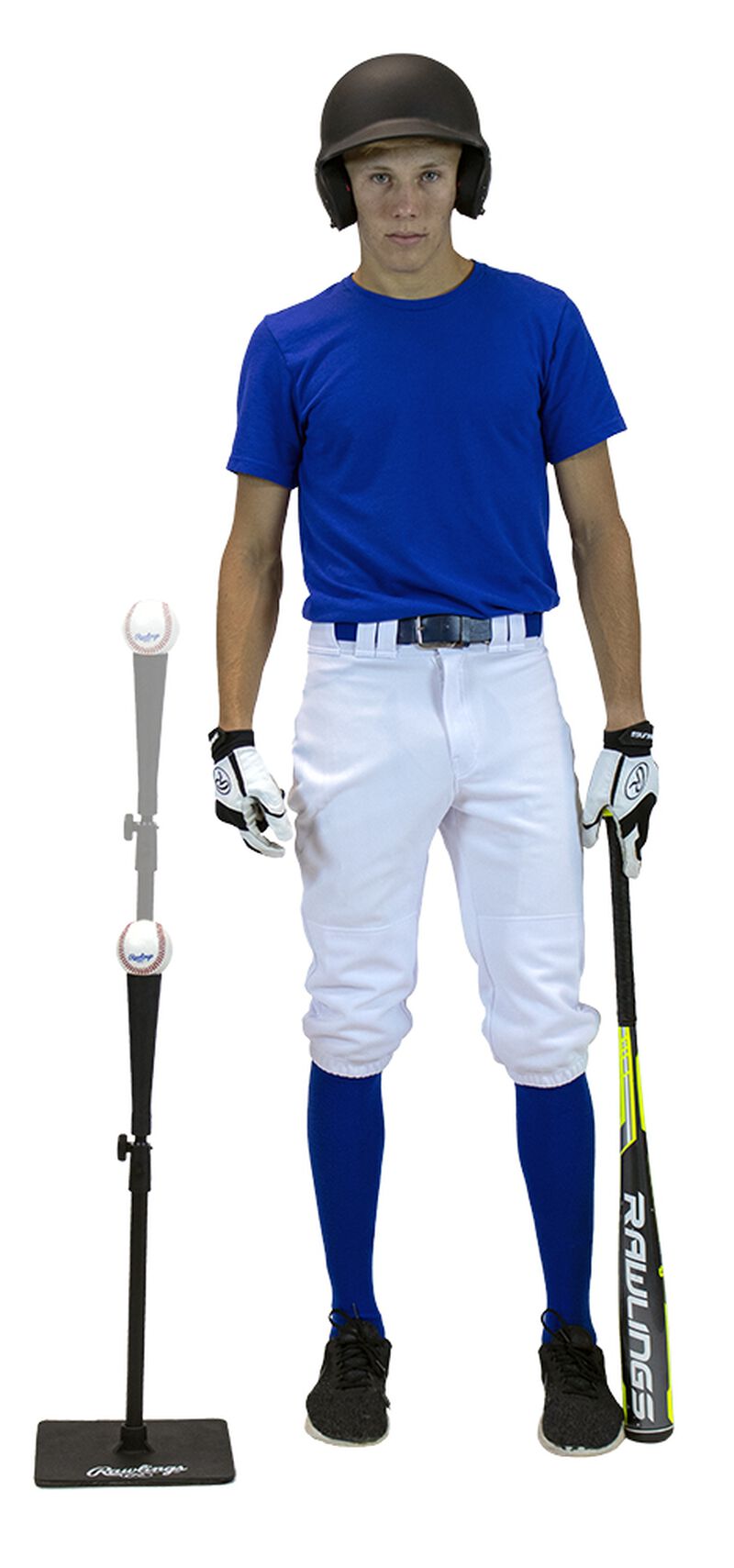 A player standing next to a RBI batting tee - SKU: RBITEE