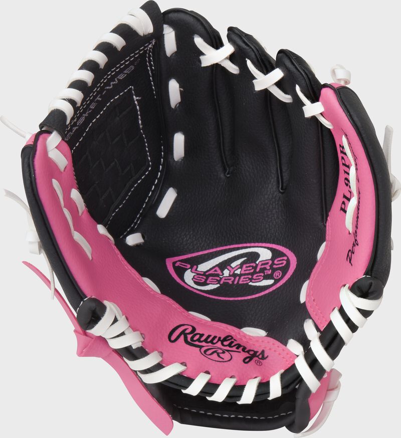 Black palm of a Rawlings Players Series t-ball glove with a pink thumb and pinkie and white laces - SKU: ACAPL91PB