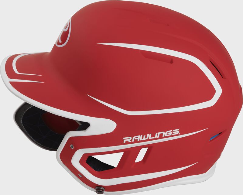 Left side of a MACHEXTR junior Rawlings batting helmet with a two-tone matte scarlet/white shell