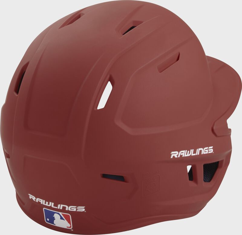 Back right of a one-tone matte cardinal MACH Rawlings batting helmet