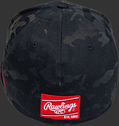 Back of a Rawlings Black Clover Diamond MultiCam fitted hat with a Rawlings patch on the back - SKU: BCR1DM0071