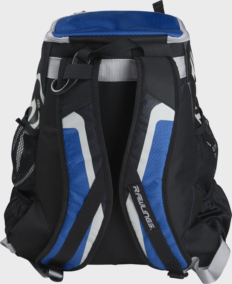 Back of black/royal R500 Players team backpack with black/royal shoulder straps