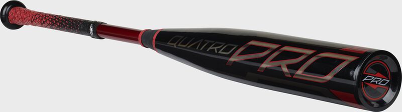 Angled view of a 2021 Quatro Pro BBCOR -3 Bat with a black end cap - SKU: BB1Q3