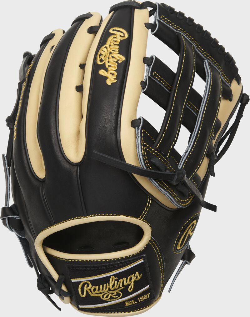 Shell back view of black and camel 2021 Heart of the Hide R2G 12.75-inch outfield glove