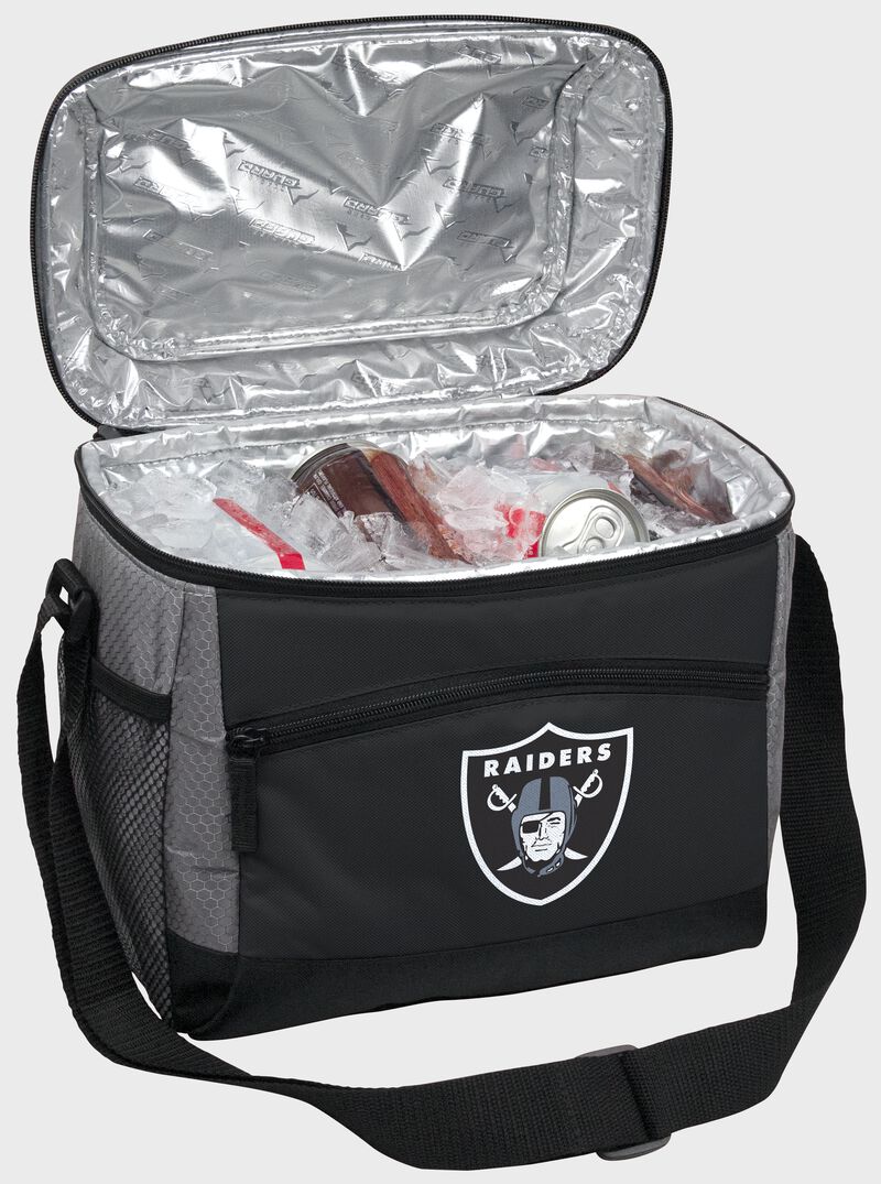 An open Las Vegas Raiders 12 can cooler with ice and drinks loading=