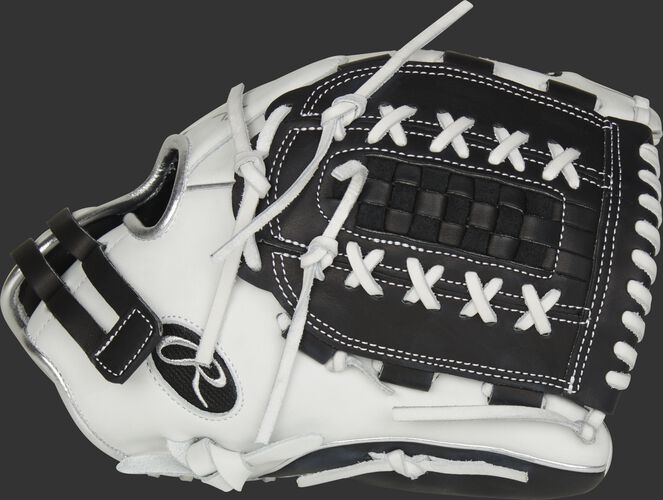 Thumb of a white RLA125-18BP Liberty Advanced Color Series 12.5-inch fastpitch glove with a black Double Laced Basket web