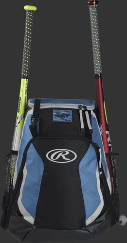 A black/columbia blue R500 Rawlings equipment backpack with a bat on each side