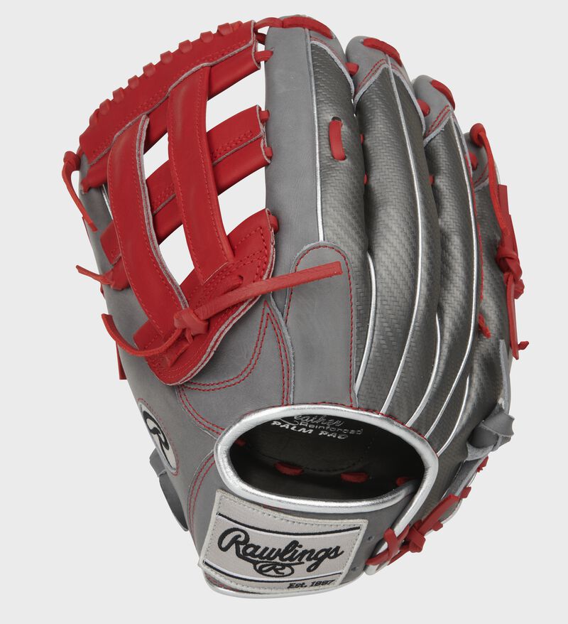 Gray Hyper Shell back of a Heart of the Hide H-web glove with a silver Rawlings patch - SKU: PRO3039-6GCFS loading=