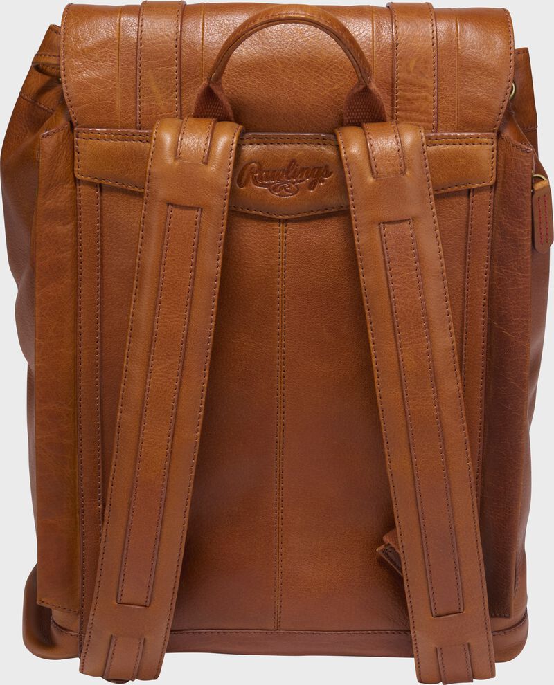 Back of a tan Rawlings Home Run Backpack with tan shoulder straps