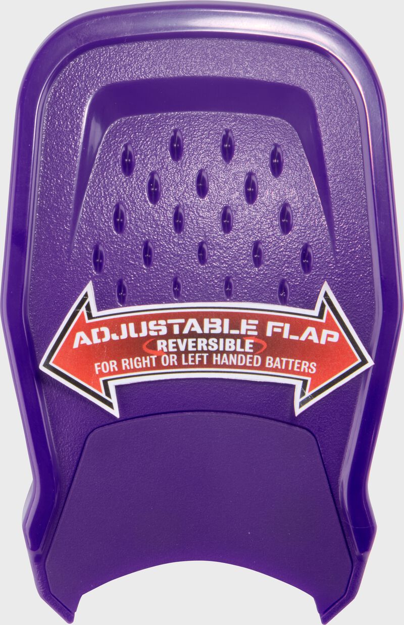 A purple Rawlings RX2 Reverse adjustable batting helmet extension with a sticker showing the adjustability