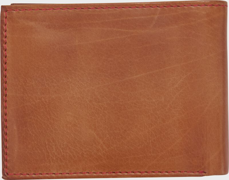 Back side of a tan Rawlings Double Play bi-fold wallet