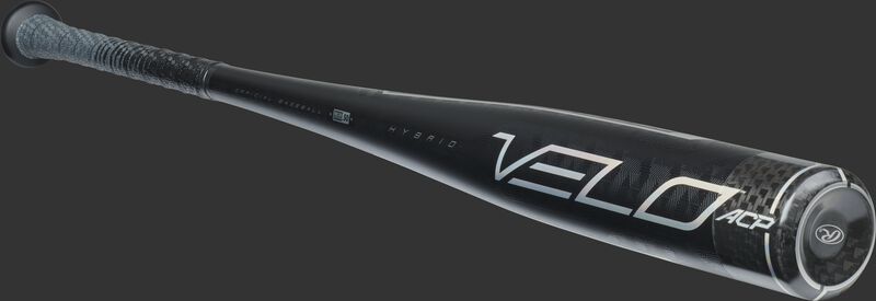 3/4 angle view of a BBZV3 BBCOR Velo ACP one-piece hybrid bat with a black barrel and black carbon composite end cap