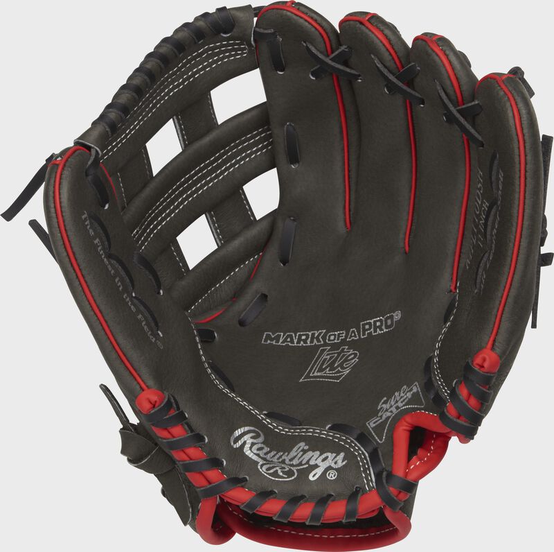 Palm view of a MPL110DSH Rawlings 11-inch youth baseball glove with a dark shadow palm, black laces and Sure Catch design
