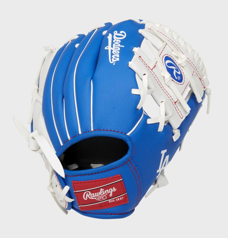 Back of a blue/white Los Angeles Dodgers 10-inch I-web glove with a red Rawlings patch - SKU: 22000011111