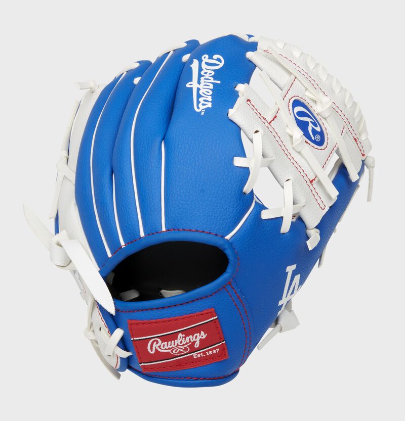 Back of a blue/white Los Angeles Dodgers 10-inch I-web glove with a red Rawlings patch - SKU: 22000011111 loading=