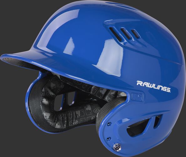 Left angle view of a R1601 gloss Velo helmet with a royal clear coat shell