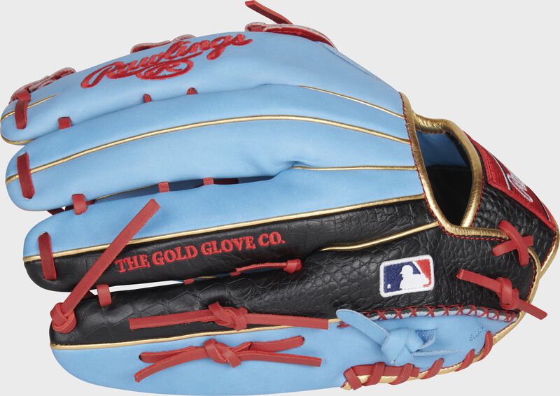 Pinky back view of Scarlet red, and Columbia blue 2021 Exclusive Heart of the Hide R2G outfield glove loading=