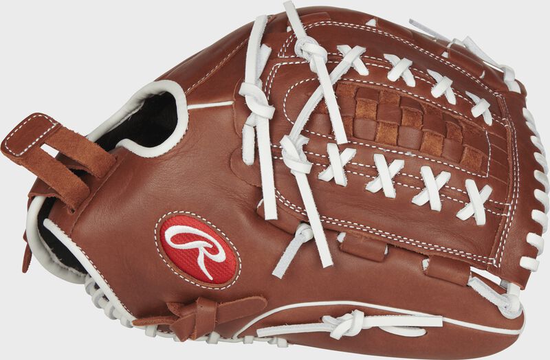 Thumb view of a brown R9SB125-18DB R9 Series fastpitch pitcher/outfield glove with a brown Double-Laced Basket web loading=