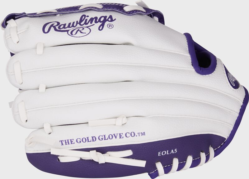 White back of a Rawlings Players Series 10" youth glove with the MLB logo on the pinky