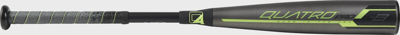 Barrel of a US9Q8 2019 Quatro Pro USA baseball bat with a grey/black barrel and green accents