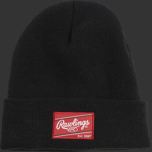 A black Rawlings cuffed knit hat with a red Rawlings patch on the front - SKU: RSGKC-B